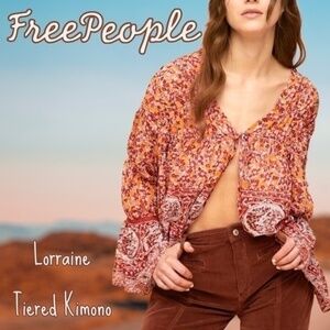 FREE PEOPLE Lorraine RETRO Print Tie-Front Wide Sleeve Flowy Tiered Kimono-Md